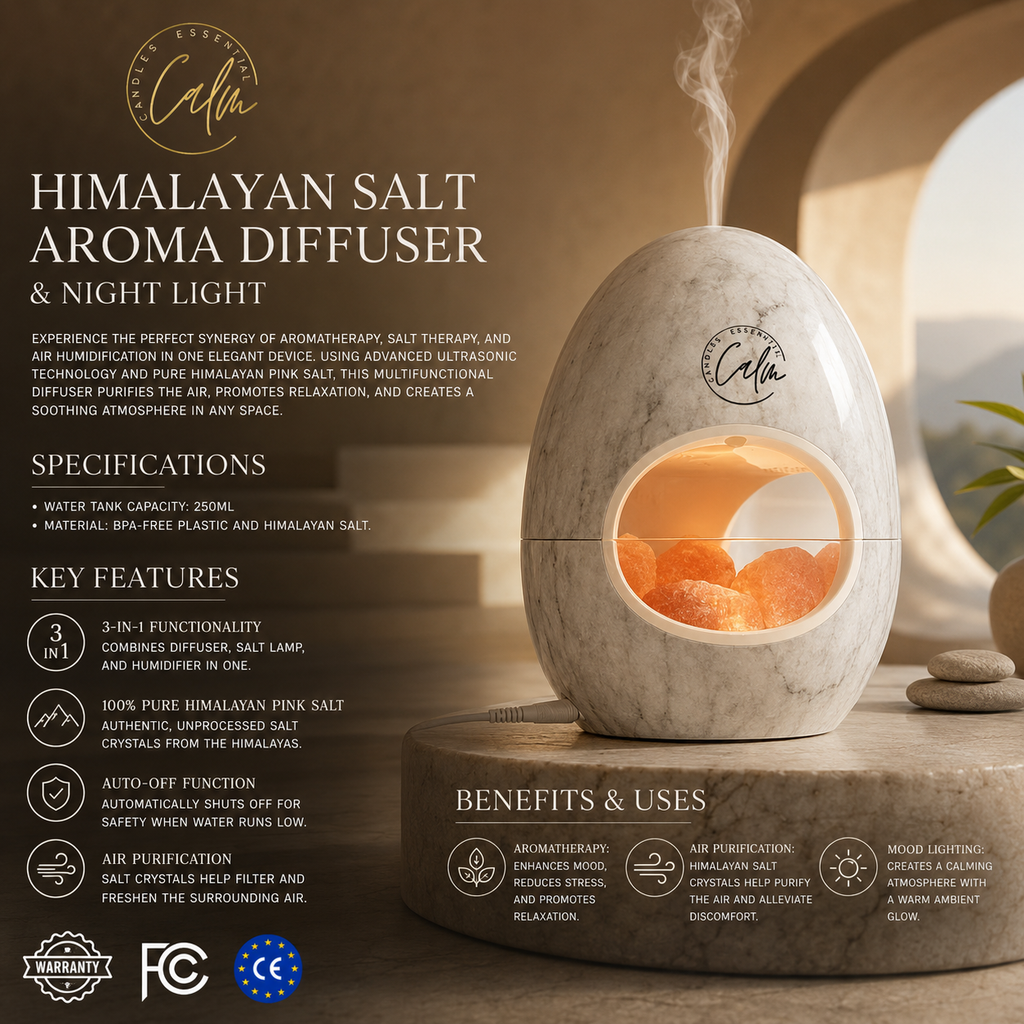 Calm Candles Essential - 3-in-1 Oil Night Light Diffuser Ionic 100% Pure Himalayan Rock Therapy Rock Lamp 250ml water capacity Auto-Off with for Home Living Room Bedroom