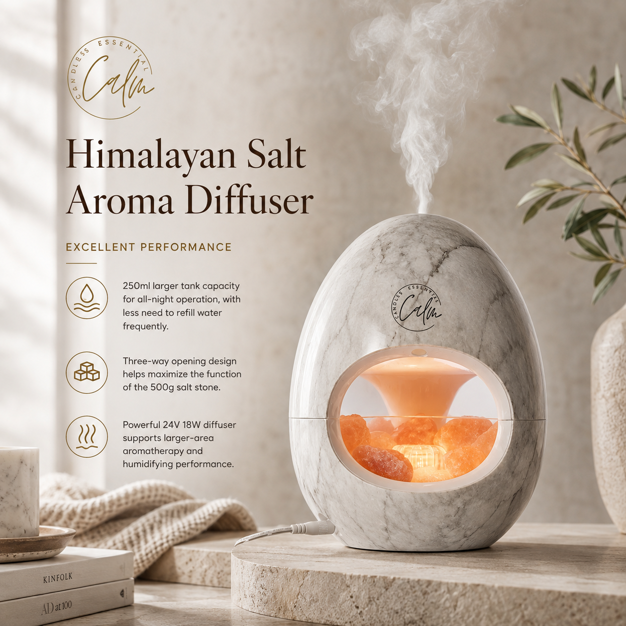 Calm Candles Essential - 3-in-1 Oil Night Light Diffuser Ionic 100% Pure Himalayan Rock Therapy Rock Lamp 250ml water capacity Auto-Off with for Home Living Room Bedroom