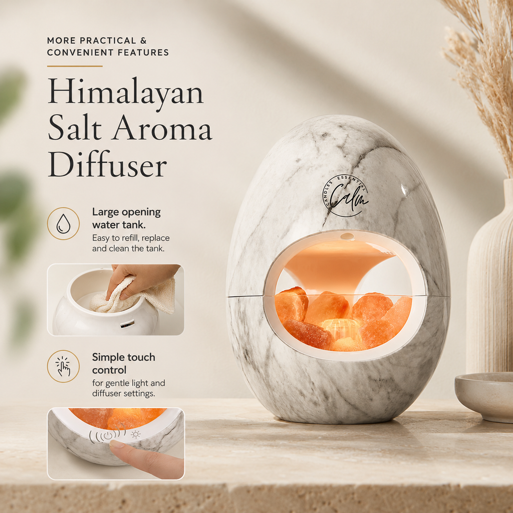 Calm Candles Essential - 3-in-1 Oil Night Light Diffuser Ionic 100% Pure Himalayan Rock Therapy Rock Lamp 250ml water capacity Auto-Off with for Home Living Room Bedroom