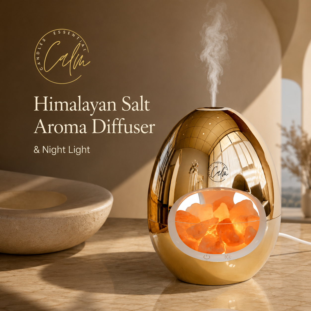 Calm Candles Essential - 3-in-1 Oil Night Light Diffuser Ionic 100% Pure Himalayan Rock Therapy Rock Lamp 250ml water capacity Auto-Off with for Home Living Room Bedroom