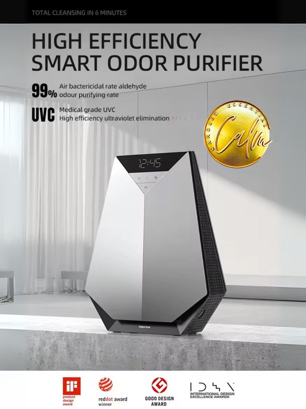 Calm Candles Essential – 便攜式 10000mAh 可充電空氣清淨機和除臭器，採用先進的 UVC 紫外線殺菌技術，可去除寵物、煙霧和廚房異味