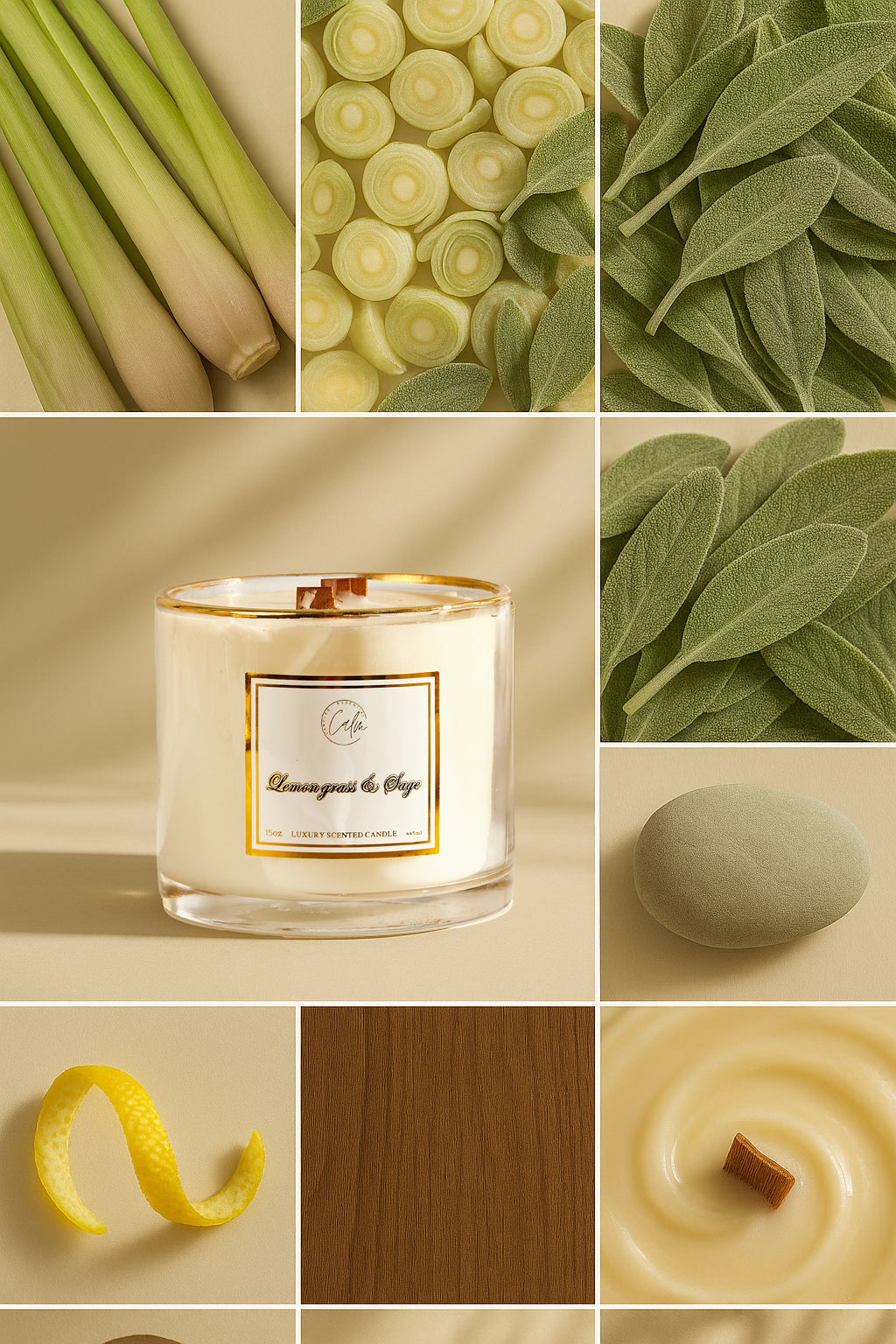 Calm Candles Essential - Lemongrass & Sage for Uplifting-Mood and Stress Relief Wooden Wicks Candle. | Luxury Vegan Scented Soy Wax Jar Candle | Highly Scented Long Lasting (15 Oz/445ml- X Large)