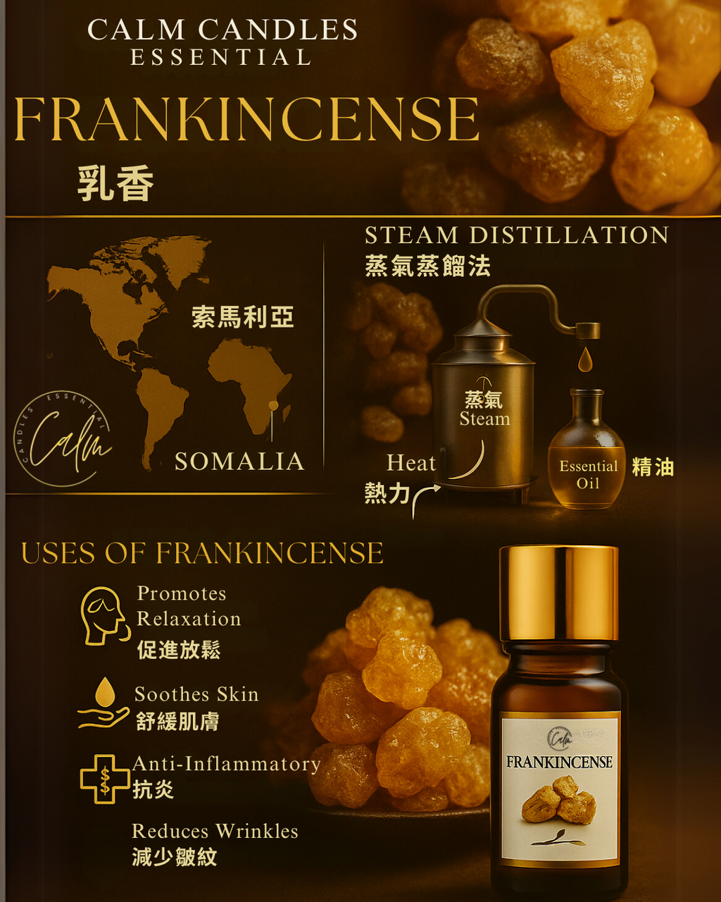 Calm Candles Essential - Organic Certified Frankincense Essential Oil - 100% Pure Natural  for Diffuser, Aromatherapy, Hair Care, Skin Care, Sleep. (10mL) First Grade-A