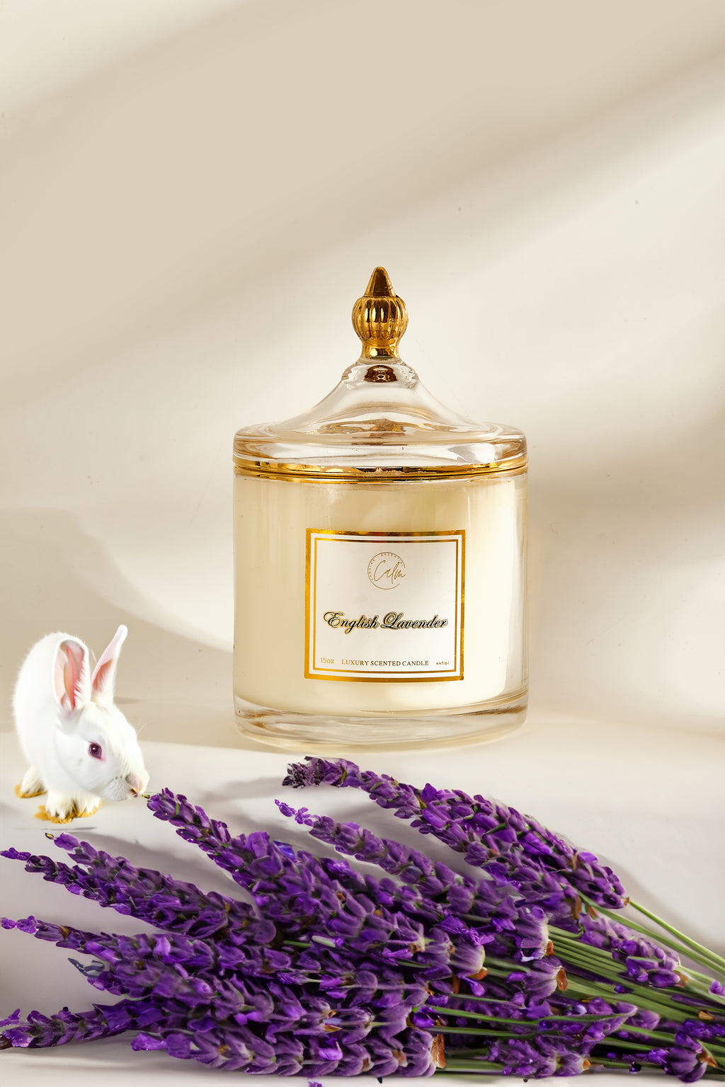 CALM CANDLES ESSENTIAL - English Lavender Wooden Wick Candle, Infused with Sage, Lavender, Fougère and Aroma Essential Oil, 15oz of Soy Wax