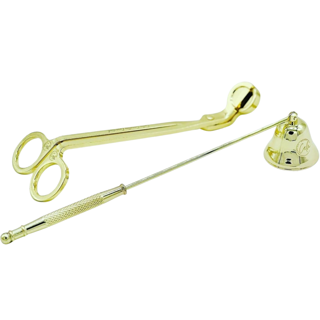 Deko-Kerzenpflegeset | Goldenes Kerzenzubehör-Set enthält Dochtschere und Glockenschnäuzer mit Kordelzugbeutel für Kerzenliebhaber (Gold)