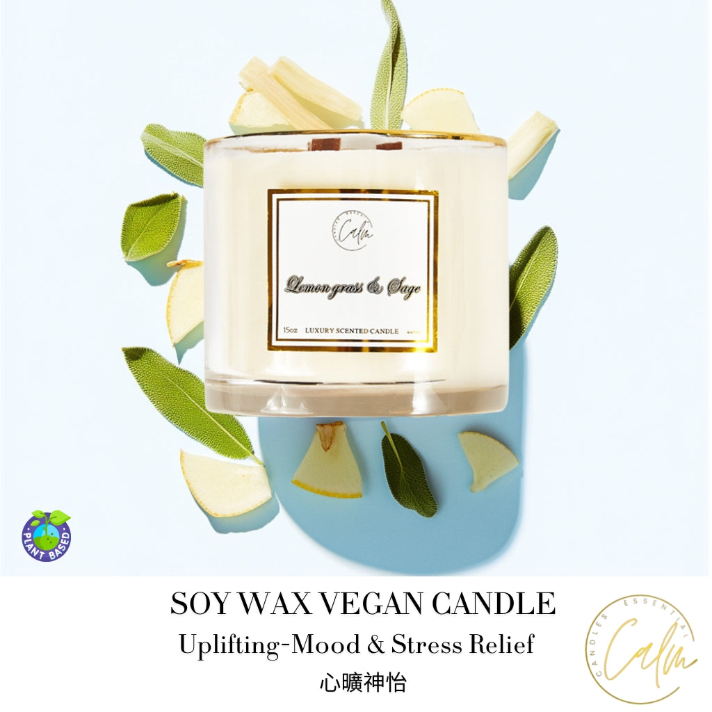 Calm Candles Essential - 檸檬草鼠尾草香氛蠟燭，提振精神，舒緩壓力，木質燭芯。 | 奢華純素香氛大豆蠟罐裝蠟燭 | 香味濃鬱持久（15盎司/445毫升 - 特大號）