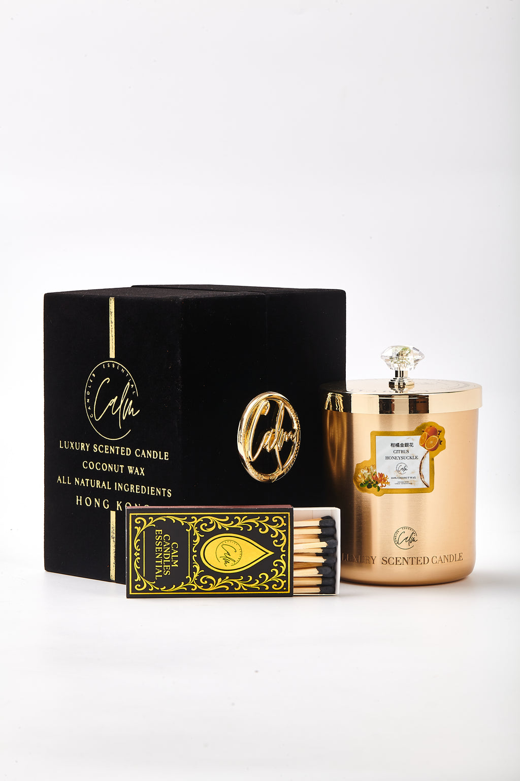 Zitrus & Geißblatt Gold Metall Kerzenkollektion | Hergestellt aus hochwertigem Kokoswachs & Kirschholzdocht bis zu 60+ Stunden Brenndauer - Calm Candles Essential