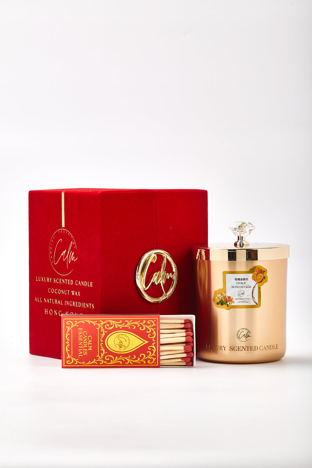 Zitrus & Geißblatt Gold Metall Kerzenkollektion | Hergestellt aus hochwertigem Kokoswachs & Kirschholzdocht bis zu 60+ Stunden Brenndauer - Calm Candles Essential