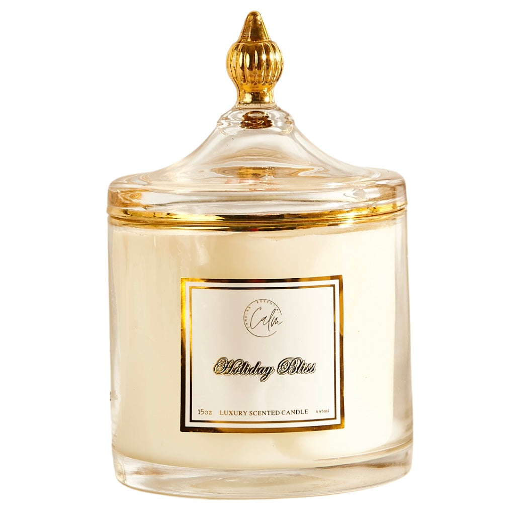 Calm Candles Essential – Holiday Bliss Kerze mit Holzdocht, verfeinert mit Zimt, Nelke und Vanille | Luxuriöse Duftkerze aus Sojawachs im Glas | Handgegossen | Stark duftend & langanhaltend (445 ml – XLarge)