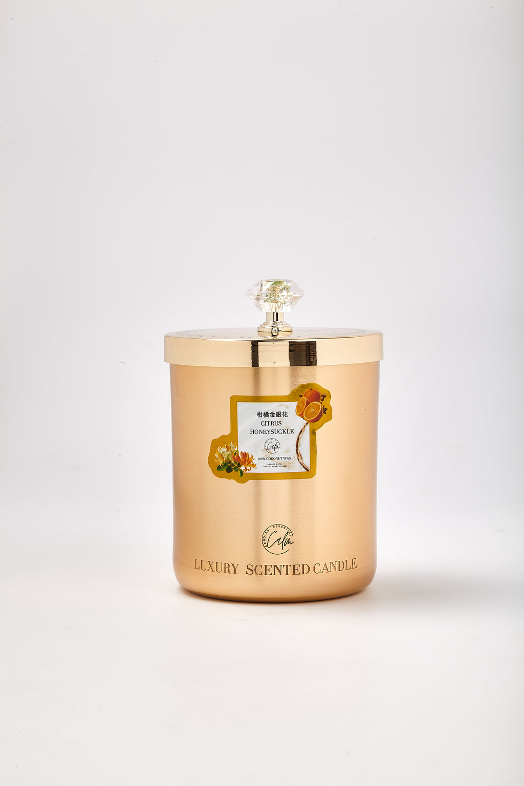 Zitrus & Geißblatt Gold Metall Kerzenkollektion | Hergestellt aus hochwertigem Kokoswachs & Kirschholzdocht bis zu 60+ Stunden Brenndauer - Calm Candles Essential