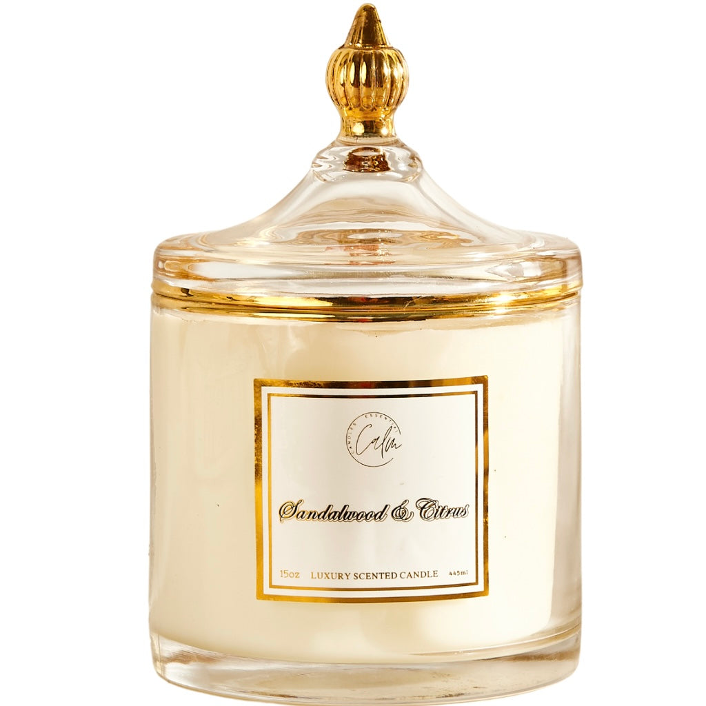 Calm Candles Essential – Sandelholz & Zitrus für ein erdendes und beruhigendes Gefühl, Holzdocht-Kerze | Luxuriöse Duft-Sojakerze im Glas | Handgegossen | Stark duftend langanhaltend (445 ml – XLarge)