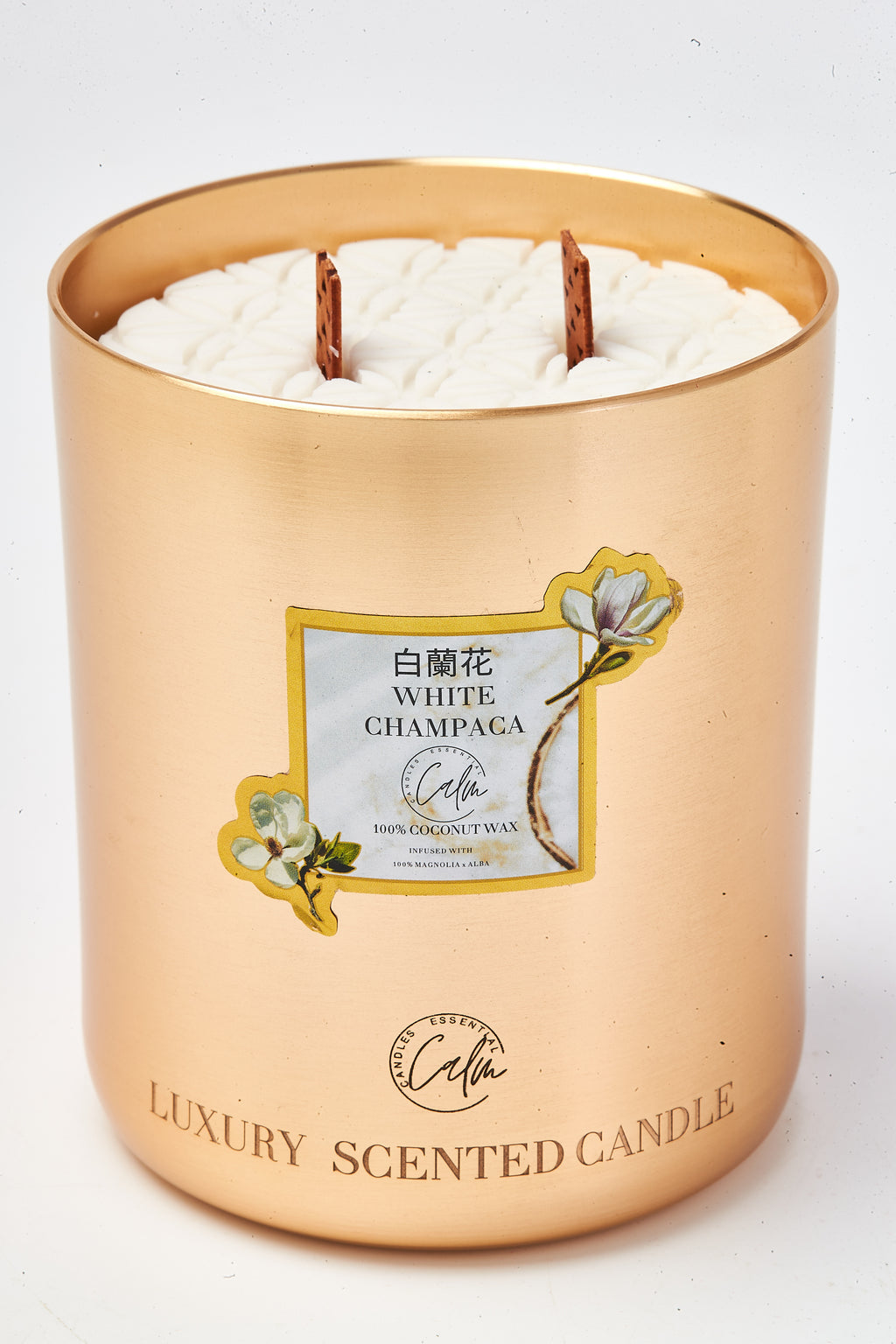 White Champaca Gold Metall Kerzen-Kollektion | Hergestellt mit Premium Kokoswachs & Kirschholzdocht Bis zu 60+ Stunden Brenndauer - Calm Candles Essential