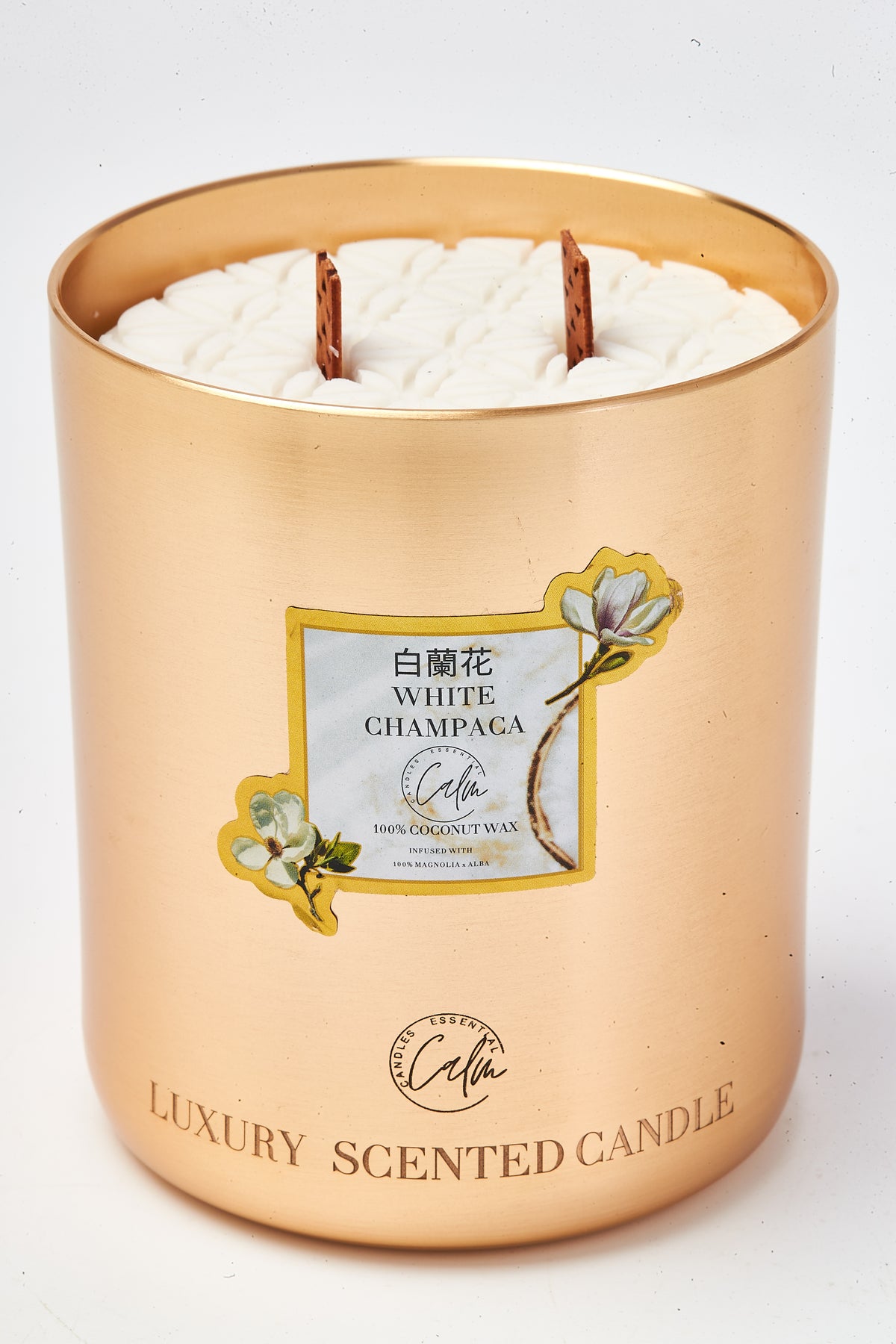White Champaca Gold Metal Candle Collection | Made with Premium Coconut Wax & Cherry Wooden Wick Up to 60+ hours burn - Calm Candles Essential