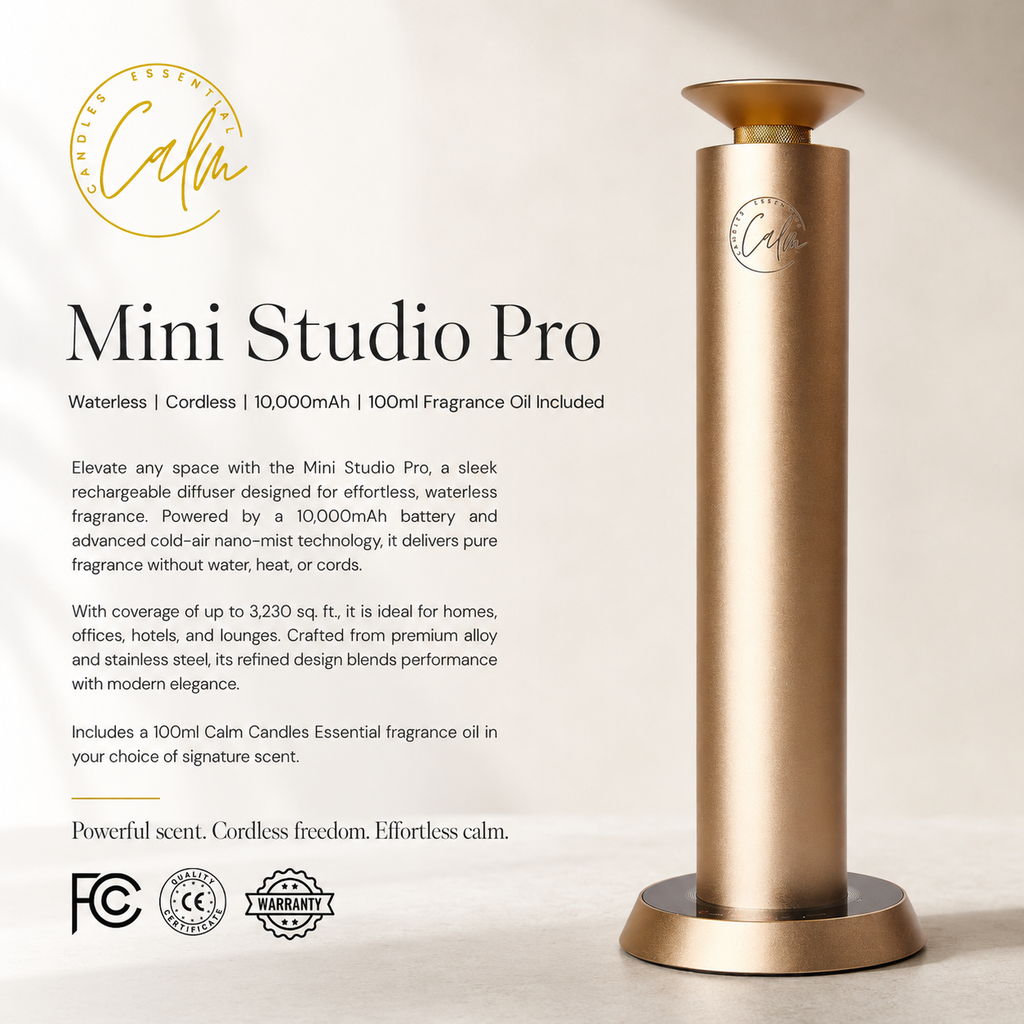 Calm Candles Essential Aroma Diffuser Mini Studio Pro: Kabelloser Diffusor ohne Wasser mit kostenlosem 100ml Duftöl – Typ C (10.000 mAh)