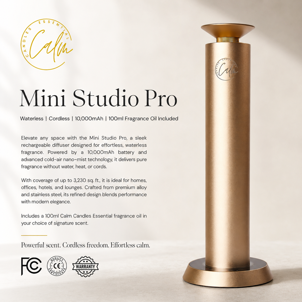 Calm Candles Essential Aroma Diffuser Mini Studio Pro: Kabelloser Diffusor ohne Wasser mit kostenlosem 100ml Duftöl – Typ C (10.000 mAh)