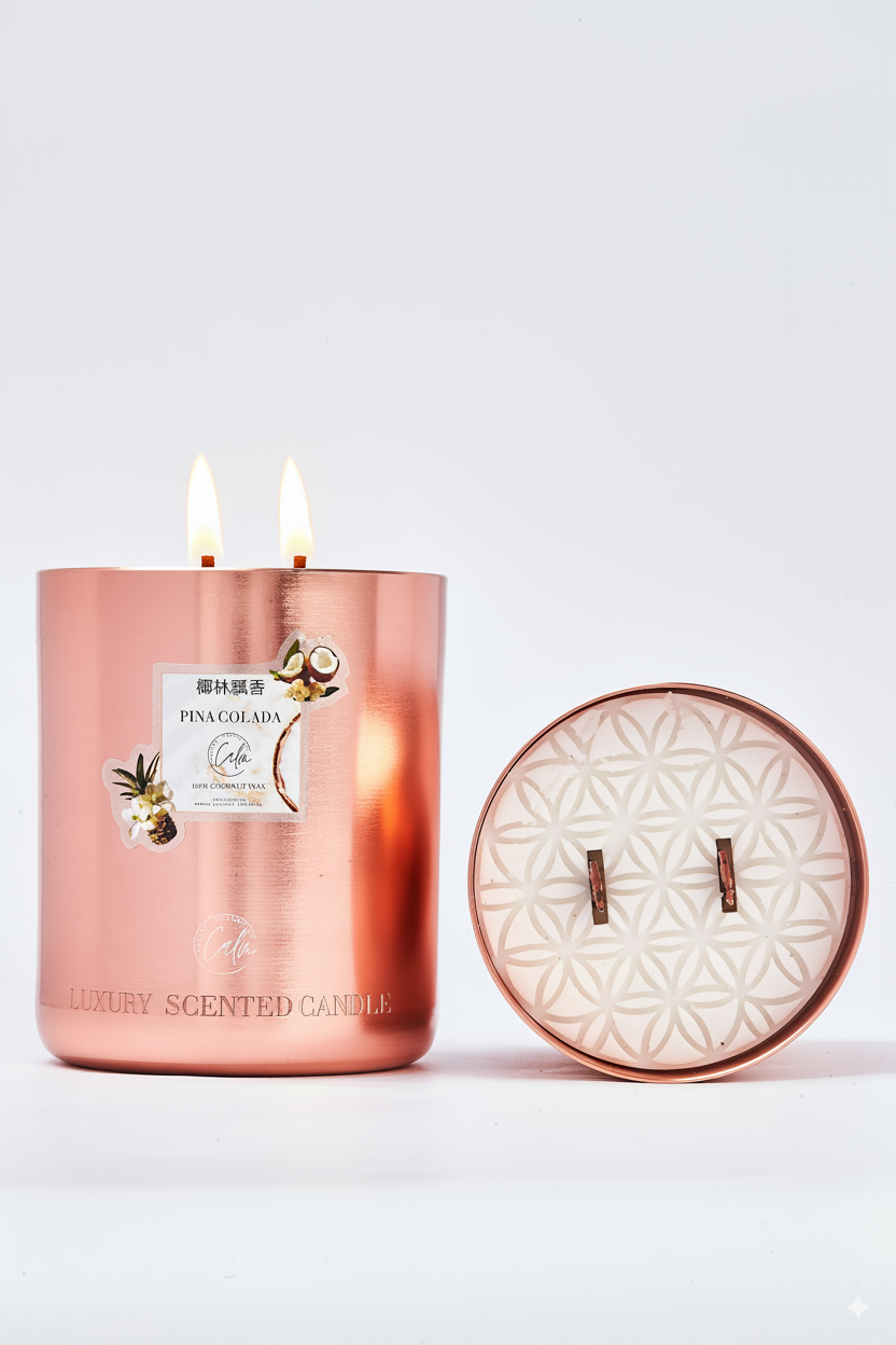 Piña Colada Roségold-Metallkerzen-Kollektion | Hergestellt mit Premium Kokosnusswachs & Kirschholzdocht Bis zu 60+ Stunden Brenndauer - Calm Candles Essential