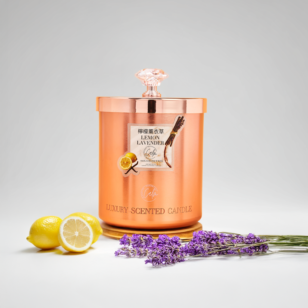 Zitronen- und Lavendel-Roségold-Metallkerzenkollektion | Hergestellt aus hochwertigem Kokosnusswachs und Kirschholzdocht für bis zu 60+ Stunden Brenndauer – Calm Candles Essential