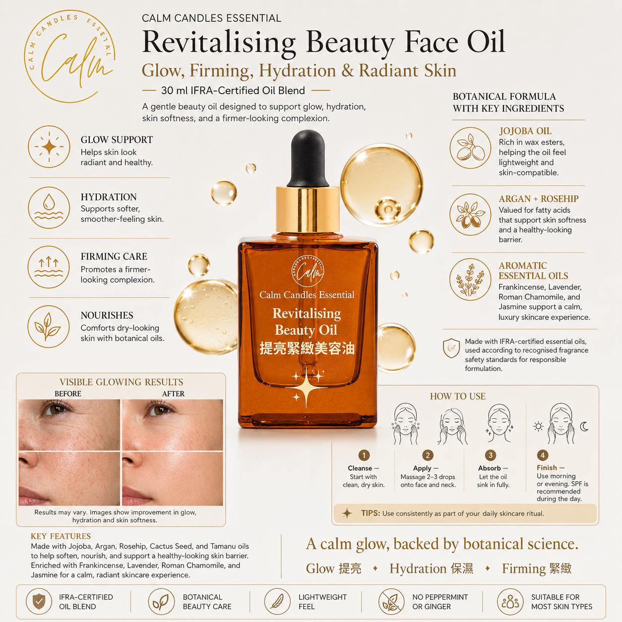 Revitalising Beauty Face Oil for Glow, Firming, Hydration & Radiant Skin — 30 ml IFRA-Certified Oil Blend