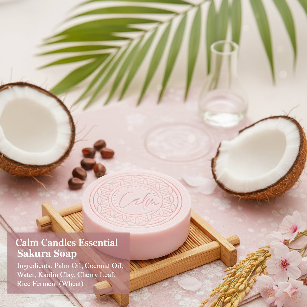 Calm Candles Essential Sakura (Cherry Leaf) Soap Bar, 150 g, Solid Face & Body Cleanser, Kaolin Clay Purifying Care, With Butylene Glycol + Prunus Yedoensis Extract, Coconut Oil & Palm Oil Base, Made in Japan