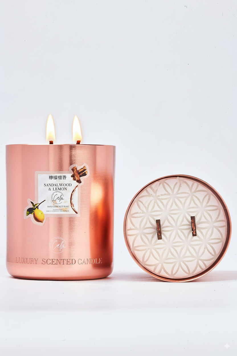 Sandalwood & Lemon Rose Gold Metal Candle Collection | Made with Premium Coconut Wax & Cherry Wooden Wick Up to 60+ hours burn - Calm Candles Essential