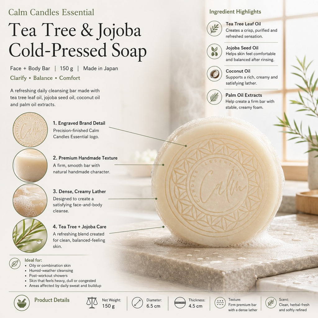 Calm Candles Essential Tea Tree & Jojoba Face + Body Soap – 150g | Made in Japan | Botanical Cleansing Bar with Tea Tree, Jojoba, Coconut & Palm Oils