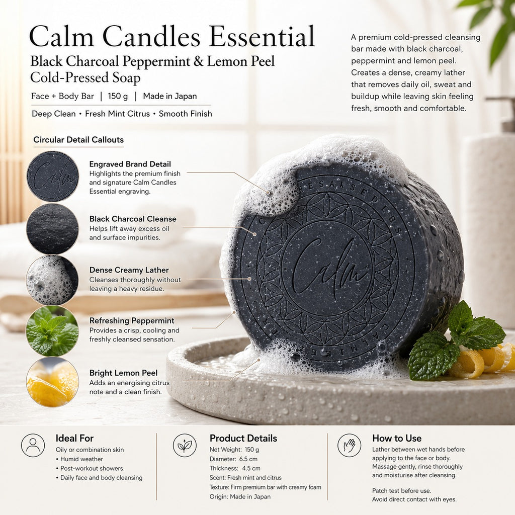 Calm Candles Essential Cold-Pressed Black Charcoal Peppermint Lemon Peel Soap, 150 g, Solid Bar Cleanser, Deep Cleansing & Deodorizing, Refreshing Mint Citrus, Made in Japan