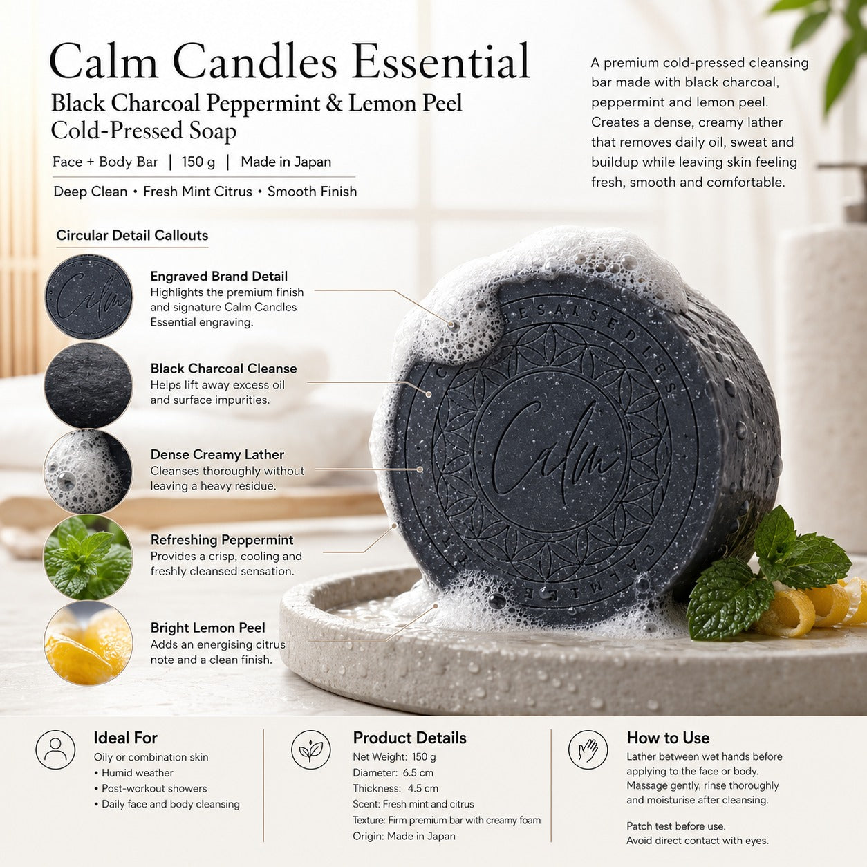 Calm Candles Essential Cold-Pressed Black Charcoal Peppermint Lemon Peel Soap, 150 g, Solid Bar Cleanser, Deep Cleansing & Deodorizing, Refreshing Mint Citrus, Made in Japan
