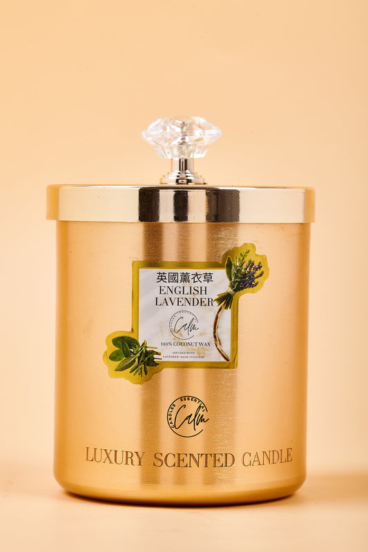 Calm Candles Essential – 11oz / 350ml English Lavender Gold Metal Velvet Collection | Made with Premium Coconut Wax & Cherry Wooden Wick