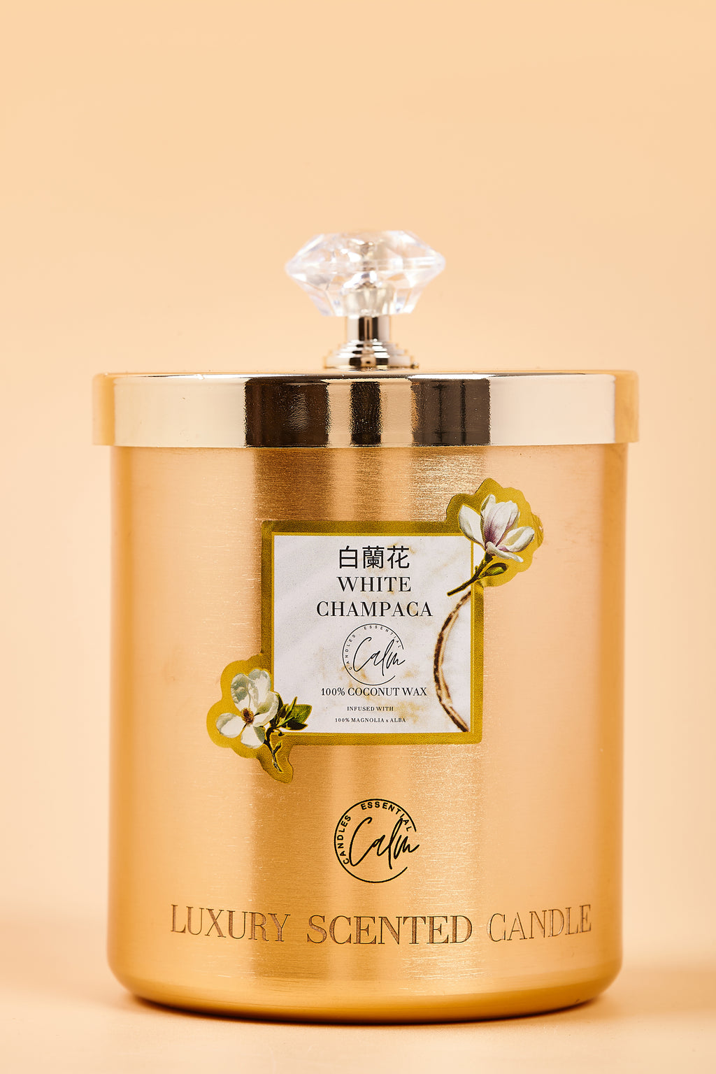 White Champaca Gold Metall Kerzen-Kollektion | Hergestellt mit Premium Kokoswachs & Kirschholzdocht Bis zu 60+ Stunden Brenndauer - Calm Candles Essential