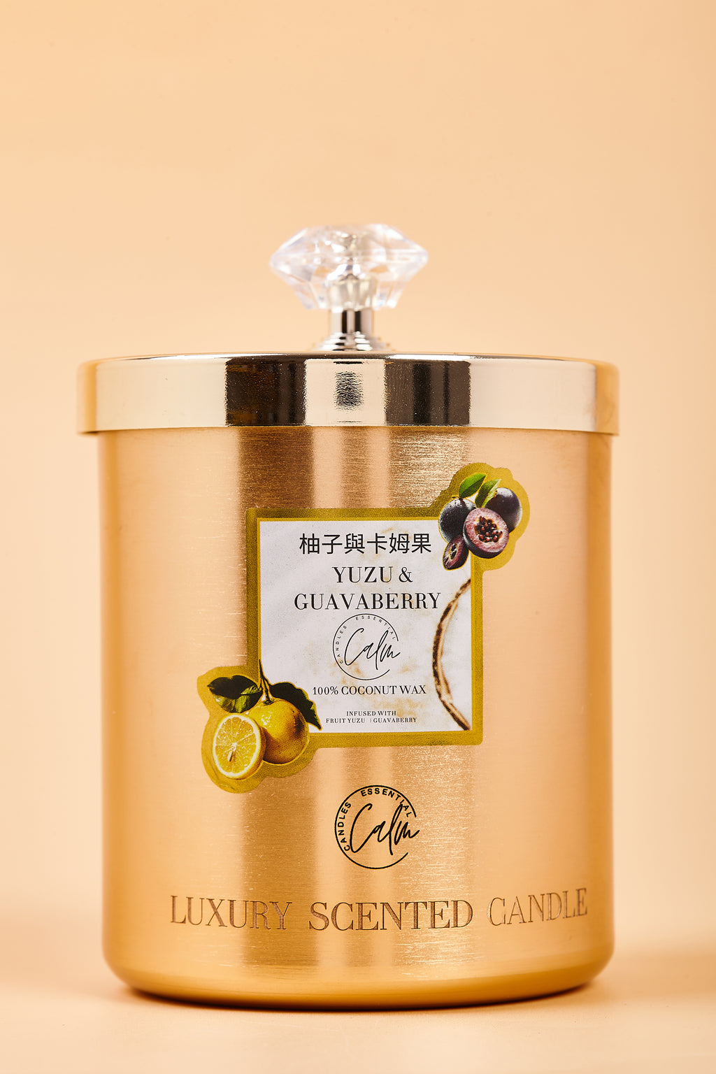 Yuzu & Guavaberry Gold Metal Kerzenkollektion | Hergestellt mit Premium-Kokoswachs & Kirschholzdocht Brenndauer bis zu 60+ Stunden – Calm Candles Essential