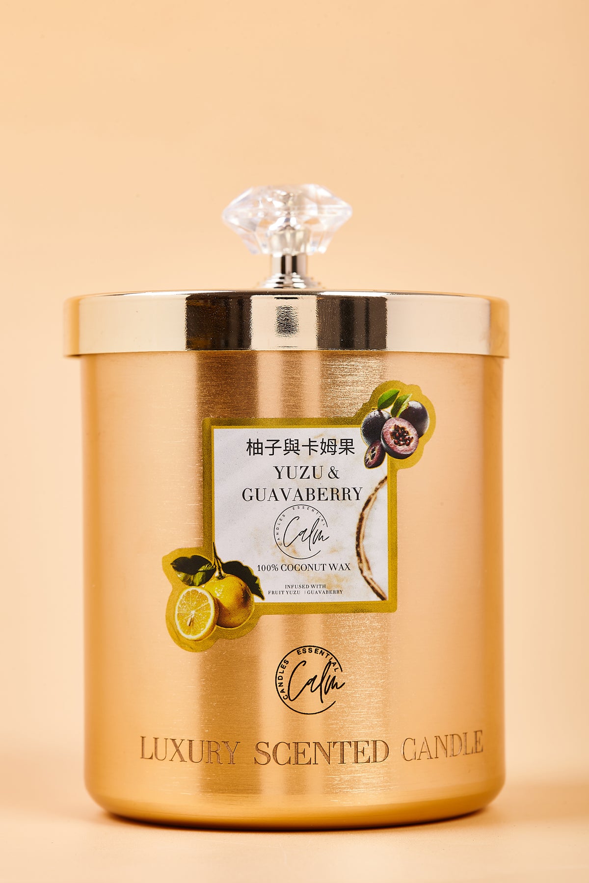 Yuzu & Guavaberry Gold Metal Candle Collection | Made with Premium Coconut Wax & Cherry Wooden Wick Up to 60+ hours burn - Calm Candles Essential