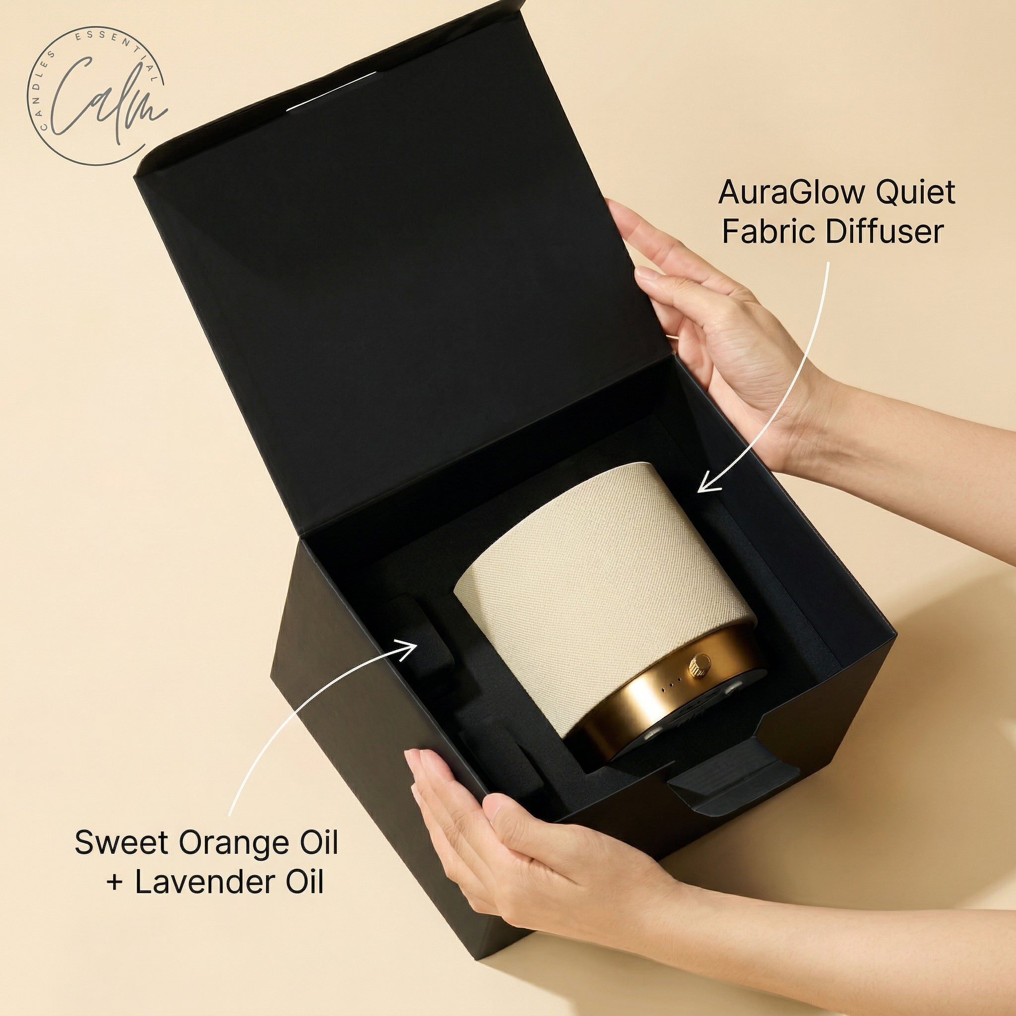 AuraGlow Leiser Stoff Wasser Diffuser 140ml – Stille Aromatherapie Lampe mit Sanftem Nachtlicht, Inklusive Süßorange & Lavendel Ätherisches Öl Duo, Perfekt für Zuhause, Büro & Yoga Räume (Gold)