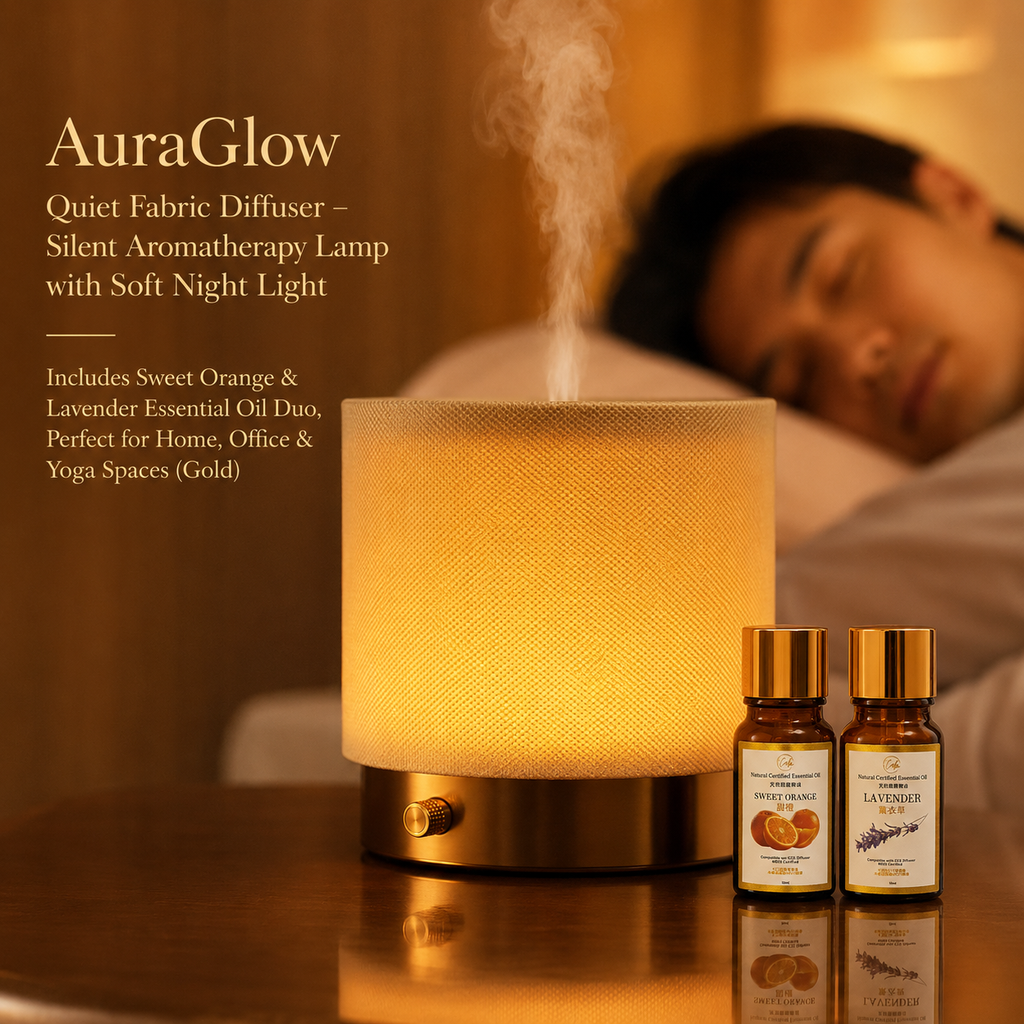 AuraGlow Leiser Stoff Wasser Diffuser 140ml – Stille Aromatherapie Lampe mit Sanftem Nachtlicht, Inklusive Süßorange & Lavendel Ätherisches Öl Duo, Perfekt für Zuhause, Büro & Yoga Räume (Gold)