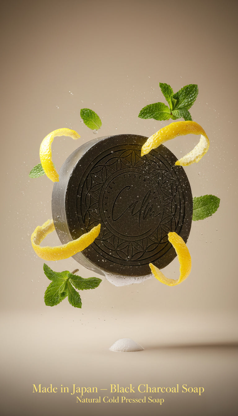 Calm Candles Essential Cold-Pressed Black Charcoal Peppermint Lemon Peel Soap, 150 g, Solid Bar Cleanser, Deep Cleansing & Deodorizing, Refreshing Mint Citrus, Made in Japan