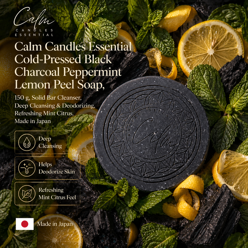 Calm Candles Essential Cold-Pressed Black Charcoal Peppermint Lemon Peel Soap, 150 g, Solid Bar Cleanser, Deep Cleansing & Deodorizing, Refreshing Mint Citrus, Made in Japan
