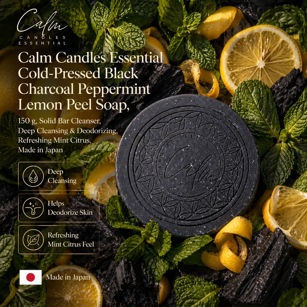 Calm Candles Essential Cold-Pressed Black Charcoal Peppermint Lemon Peel Soap, 150 g, Solid Bar Cleanser, Deep Cleansing & Deodorizing, Refreshing Mint Citrus, Made in Japan