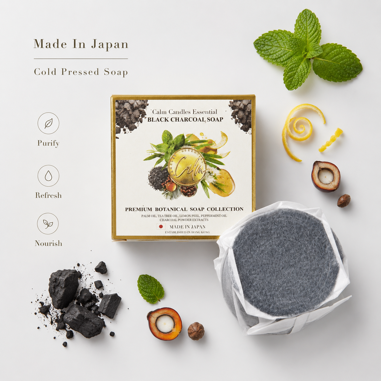 Calm Candles Essential Cold-Pressed Black Charcoal Peppermint Lemon Peel Soap, 150 g, Solid Bar Cleanser, Deep Cleansing & Deodorizing, Refreshing Mint Citrus, Made in Japan
