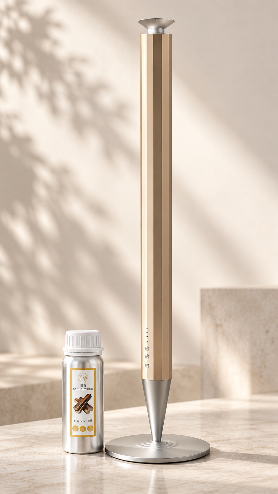 Calm Space 1000 - Free Fragrance & Stand (Industrial) Large Area Waterless Essential Oil Diffuser, Cordless Rechargeable Diffuser, Smart Bluetooth Diffuser, Luxury Wireless Aromatherapy Diffusers for Home, Office & Hotels, Champagne Gold- 10000 mah