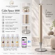Calm Space 1000 - Free Fragrance & Stand (Industrial) Large Area Waterless Essential Oil Diffuser, Cordless Rechargeable Diffuser, Smart Bluetooth Diffuser, Luxury Wireless Aromatherapy Diffusers for Home, Office & Hotels, Champagne Gold- 10000 mah