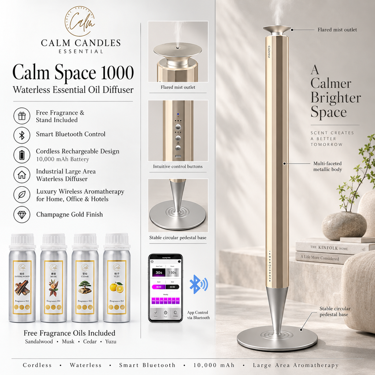 Calm Space 1000 - Free Fragrance & Stand (Industrial) Large Area Waterless Essential Oil Diffuser, Cordless Rechargeable Diffuser, Smart Bluetooth Diffuser, Luxury Wireless Aromatherapy Diffusers for Home, Office & Hotels, Champagne Gold- 10000 mah