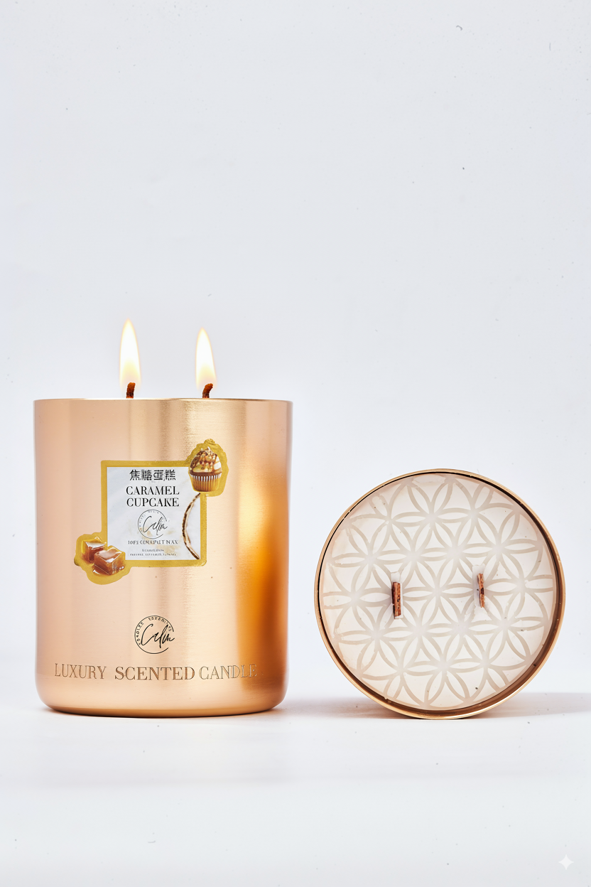 Karamell-Cupcake Gold-Metallkerzen-Kollektion | Hergestellt mit Premium-Kokosnusswachs & Kirschholzdocht bis zu 60+ Stunden Brenndauer – Calm Candles Essential