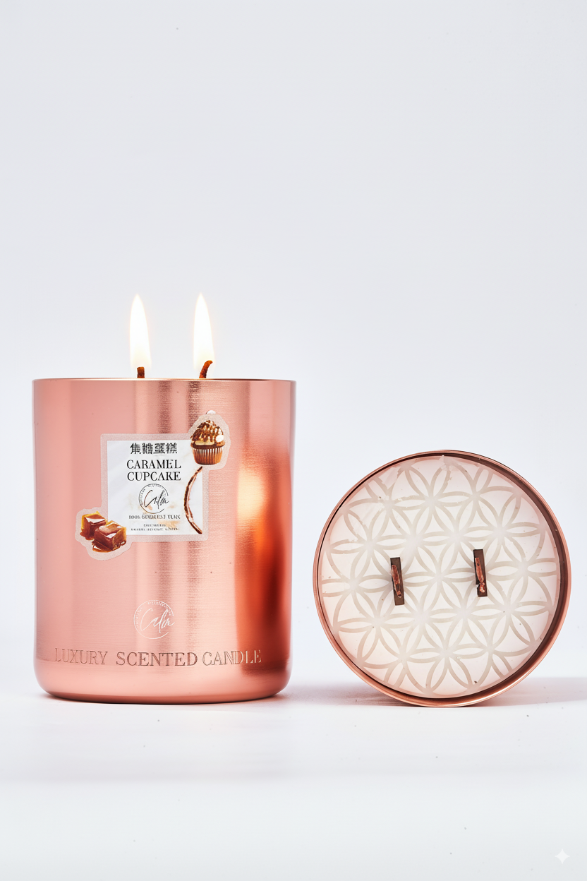 Caramel Cupcake Rose Gold Metallkerzen-Kollektion | Hergestellt mit Premium-Kokoswachs & Kirschholzdocht bis zu 60+ Stunden Brenndauer - Calm Candles Essential
