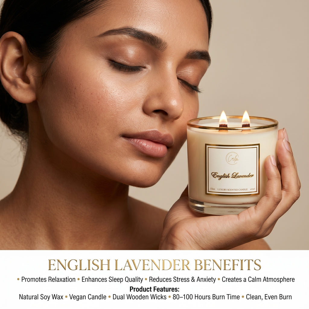 Calm Candles Essential - English Lavender Wooden Wicks Candle, Infused with Sage, Lavender, Fougère and Amber Essential Oil, for relaxing and calming effect Luxury Scented Soy Wax Jar Candle | Hand Poured | Highly Scented Long Lasting (15oz/445ml- XLarge)