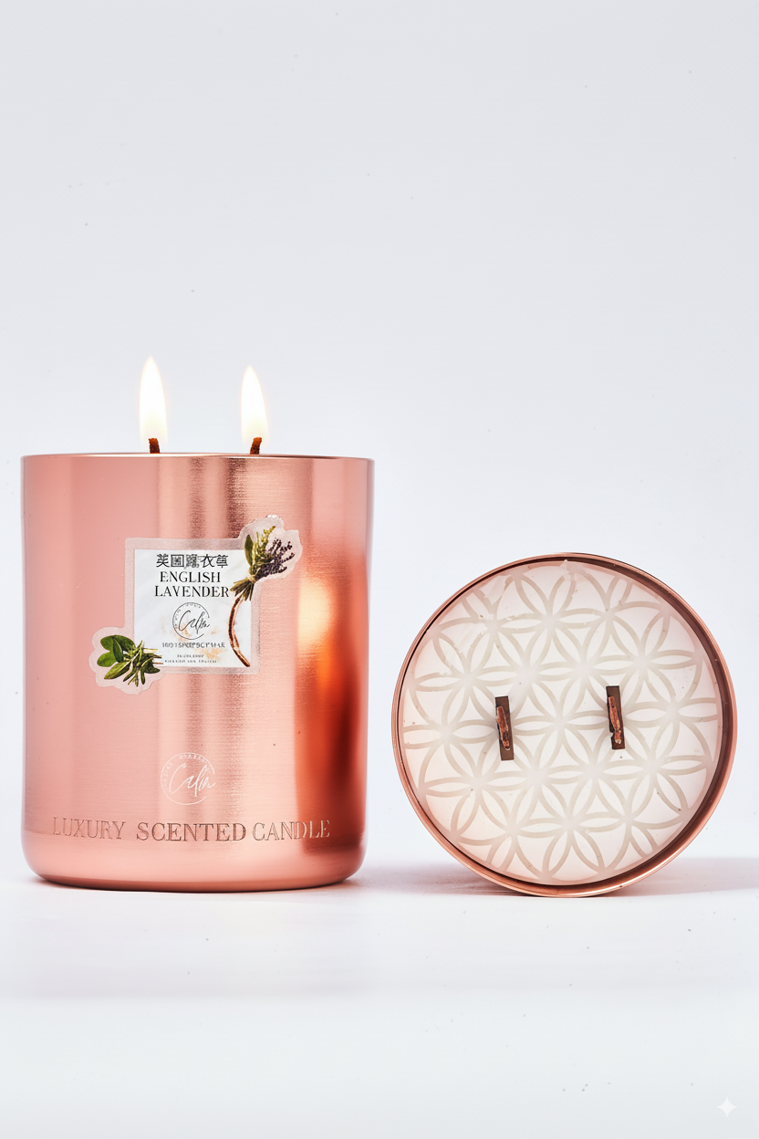 Englische Lavendel Roségold Metall Kerzenkollektion | Hergestellt mit Premium-Kokoswachs & Kirschholzdocht bis zu 60+ Stunden Brenndauer – Ruhige Kerzen Essentiell