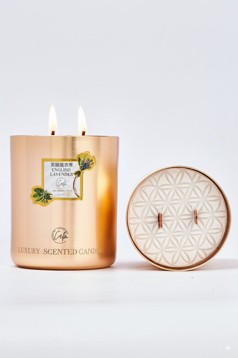 English Lavender Gold Metal Candle Collection | Hergestellt mit hochwertigem Kokosnusswachs & Kirschholzdocht Bis zu 60+ Stunden Brenndauer - Calm Candles Essential
