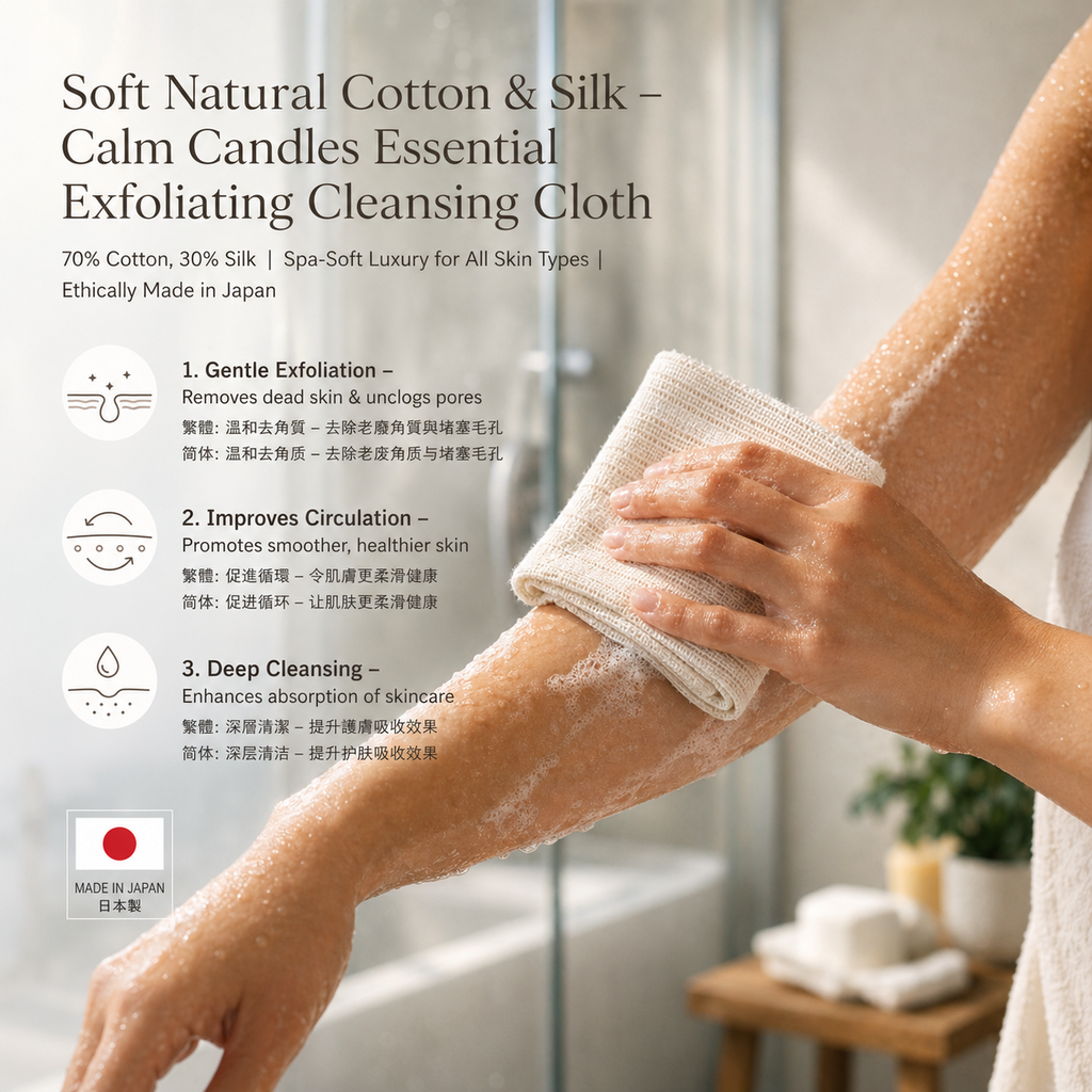 Weiche Naturbaumwolle & Seide – Calm Candles Essential Peeling-Reinigungstuch | 70 % Baumwolle, 30 % Seide | Wellness-weicher Luxus für alle Hauttypen | Ethisch hergestellt in Japan
