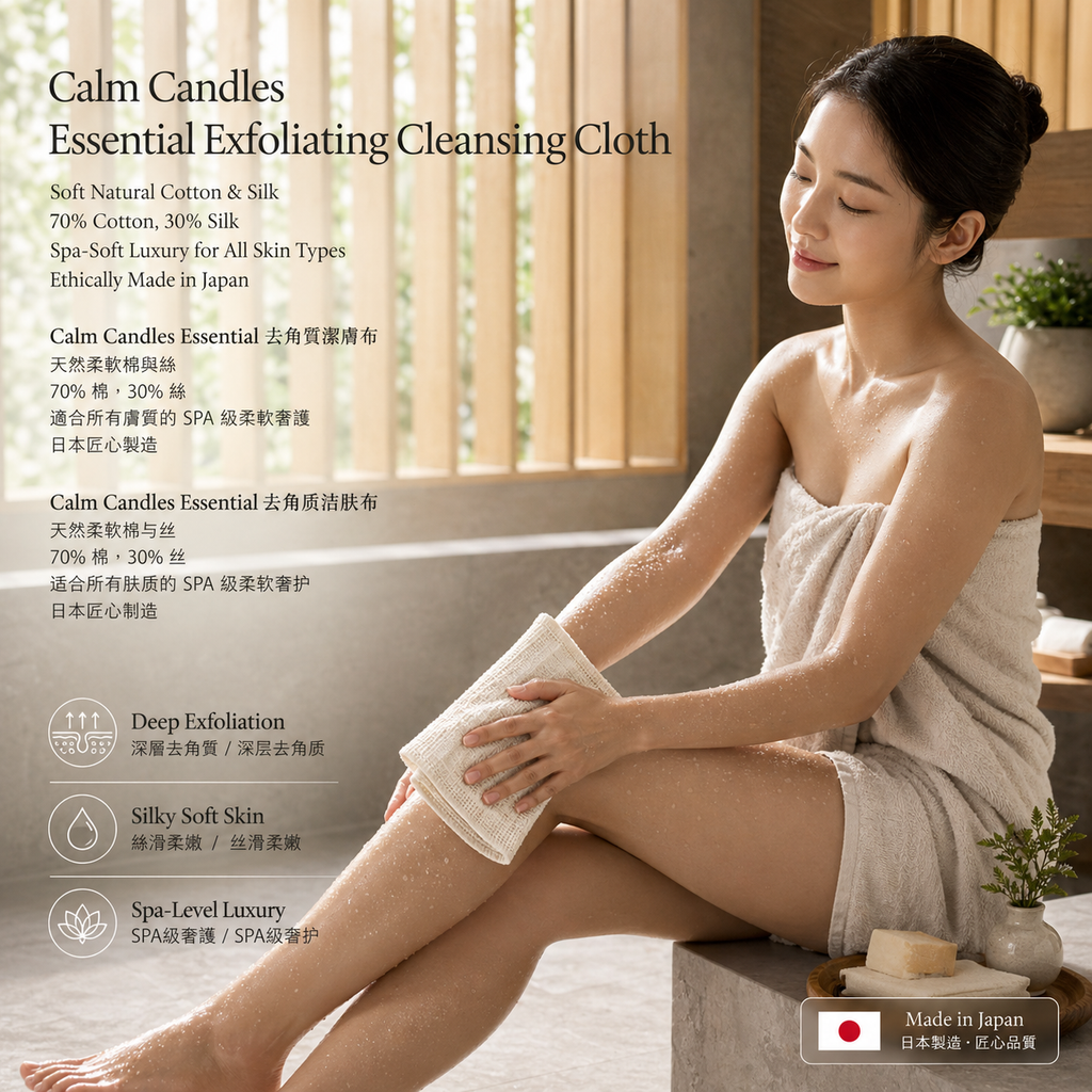 Weiche Naturbaumwolle & Seide – Calm Candles Essential Peeling-Reinigungstuch | 70 % Baumwolle, 30 % Seide | Wellness-weicher Luxus für alle Hauttypen | Ethisch hergestellt in Japan