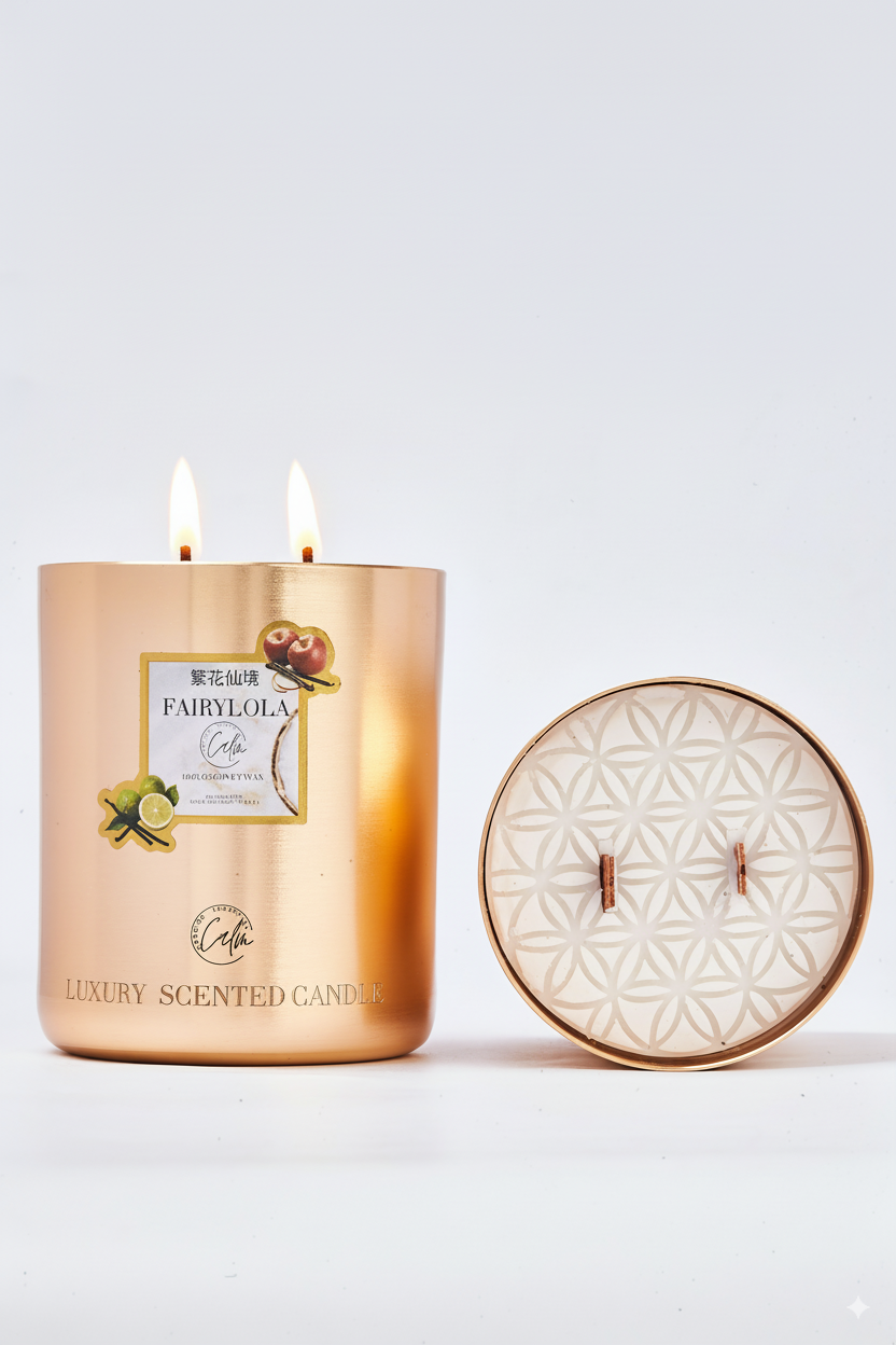 Fairylola Gold Metal Kerzenkollektion | Hergestellt mit Premium Kokoswachs & Kirschholzdocht Bis zu 60+ Stunden Brenndauer - Calm Candles Essential