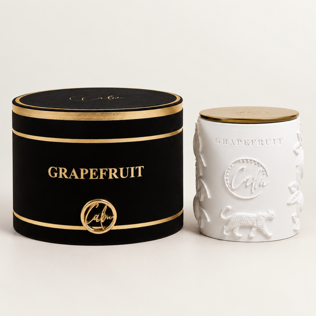 Grapefruit Scented Beeswax Luxury Candle in Porcelain Jar – 8oz Grapefruit Botanical Vegan Candle with Wood Wick | Calm Candles Essential