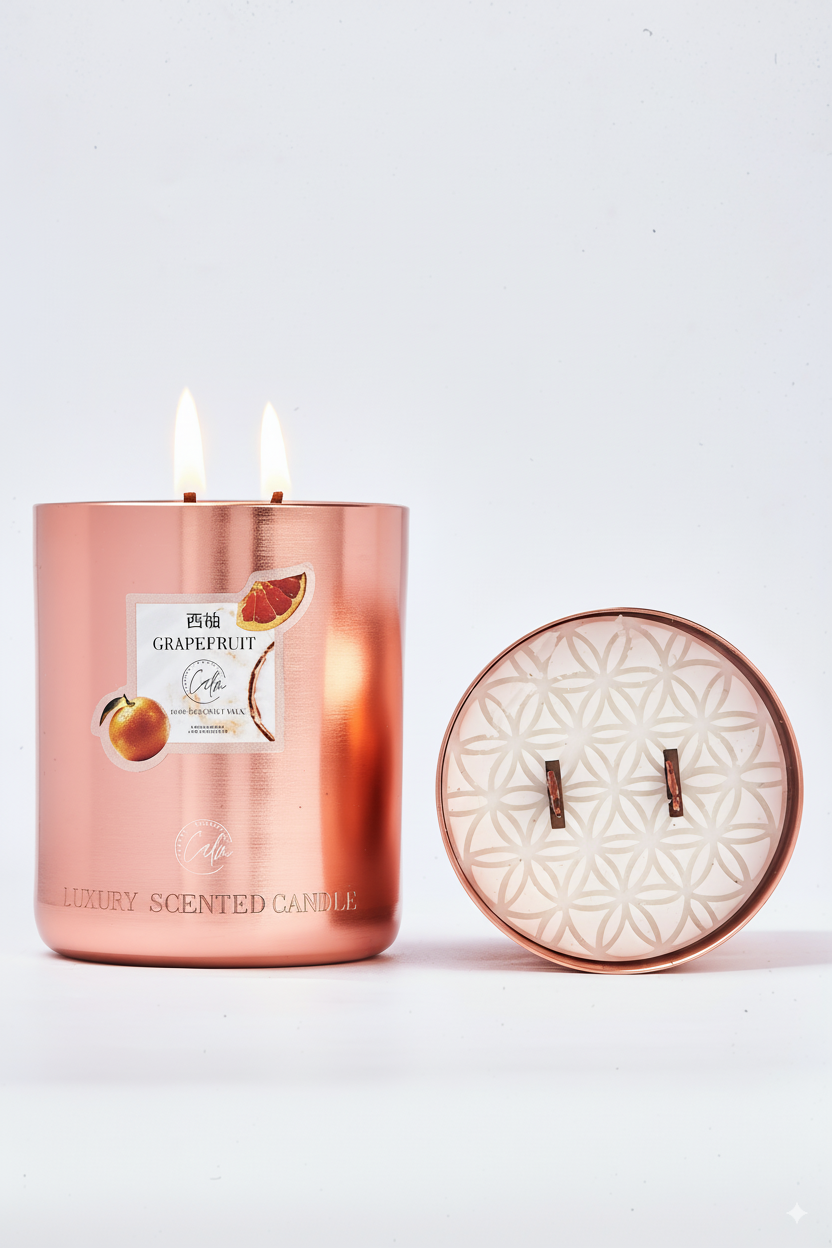 Grapefruit Roségold-Metall-Kerzenkollektion | Hergestellt aus Premium-Kokosnusswachs & Kirschholzdocht Bis zu 60+ Stunden Brenndauer - Calm Candles Essential